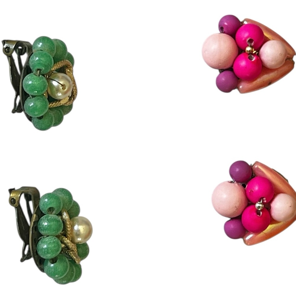 Vintage Clip-On Earrings Set Green w/ Faux Pearl & pink w/ Magenta Multicolor - Picture 5 of 15